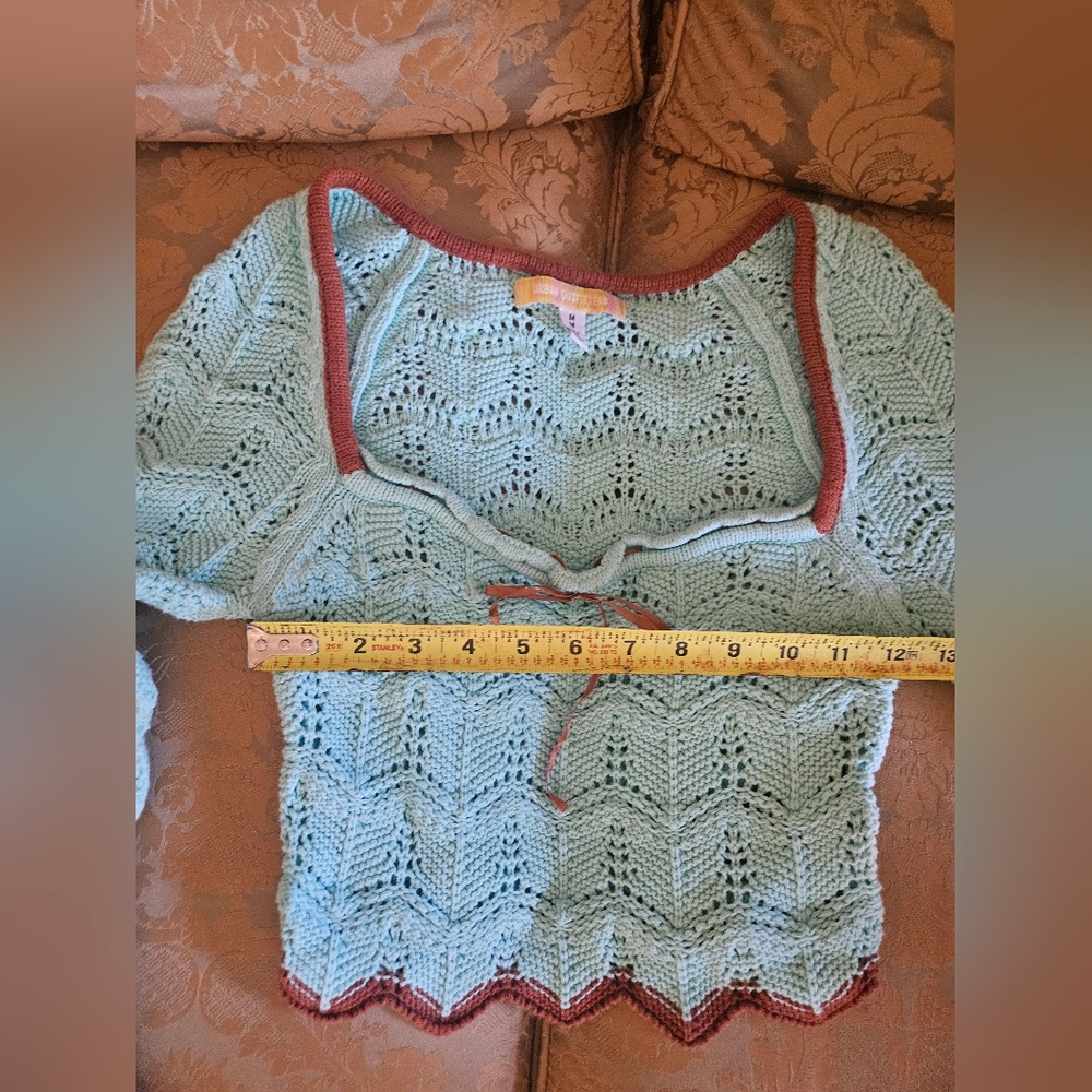 NWOT Urban Outfitters Aqua Open-Knit Sweater with Brown Trim - Picture 14 of 17
